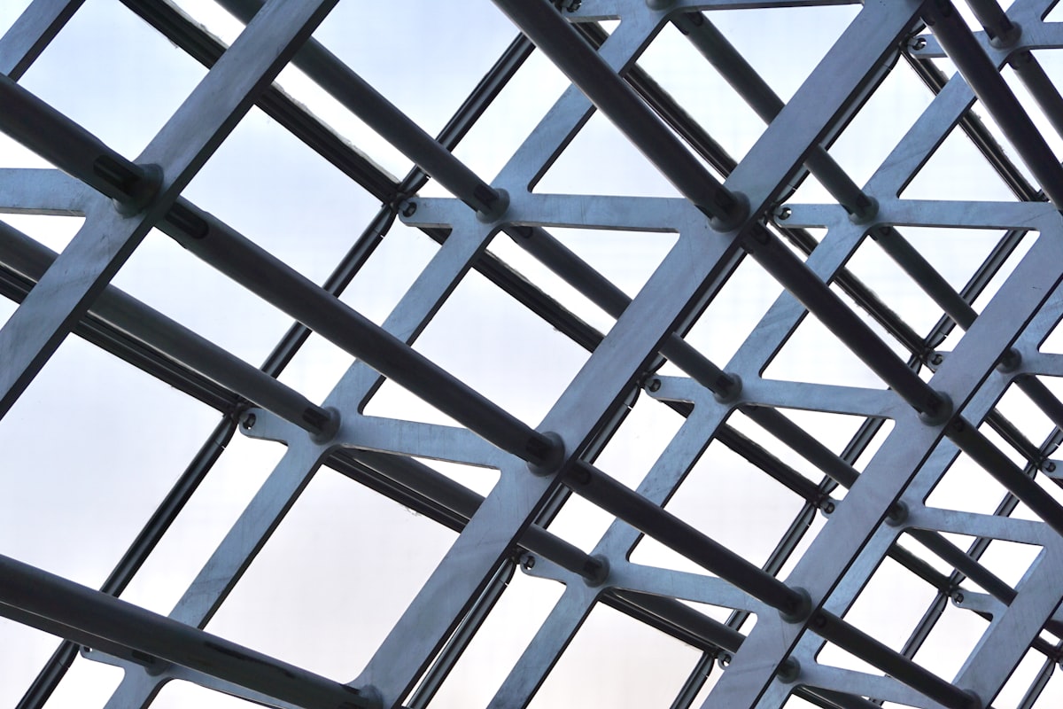 Steel structural framework seen from below